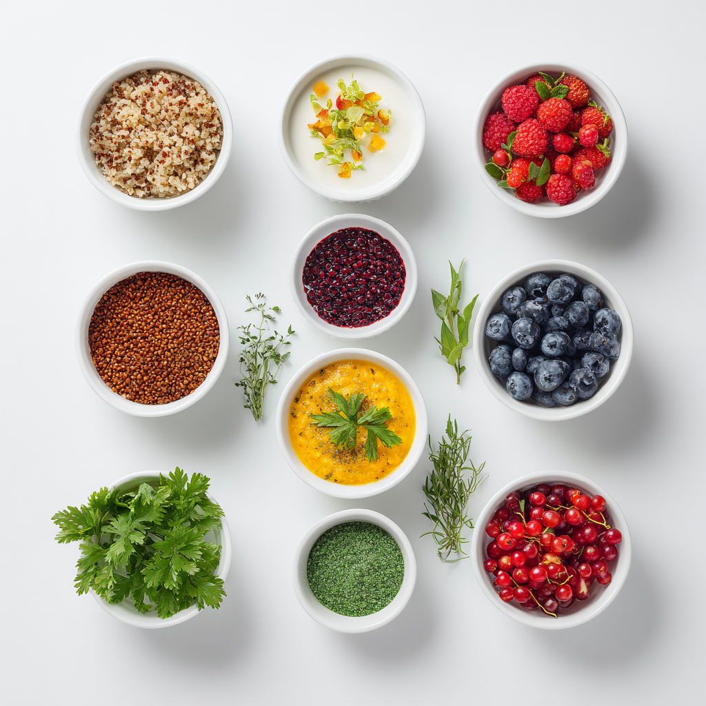 Varietate de alimente sănătoase aranjate estetic